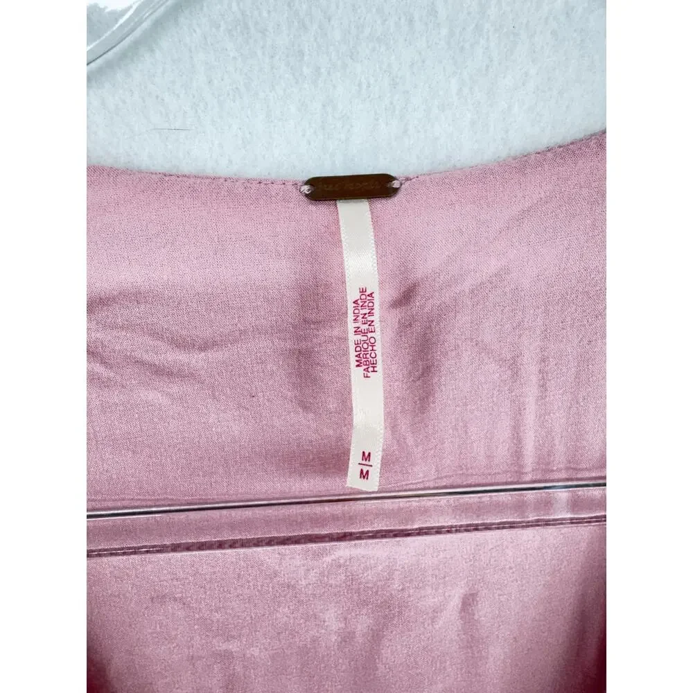 Free People endless summer Pink Tie Front Midi Dress Cottagecore Puff Sleeve  M
